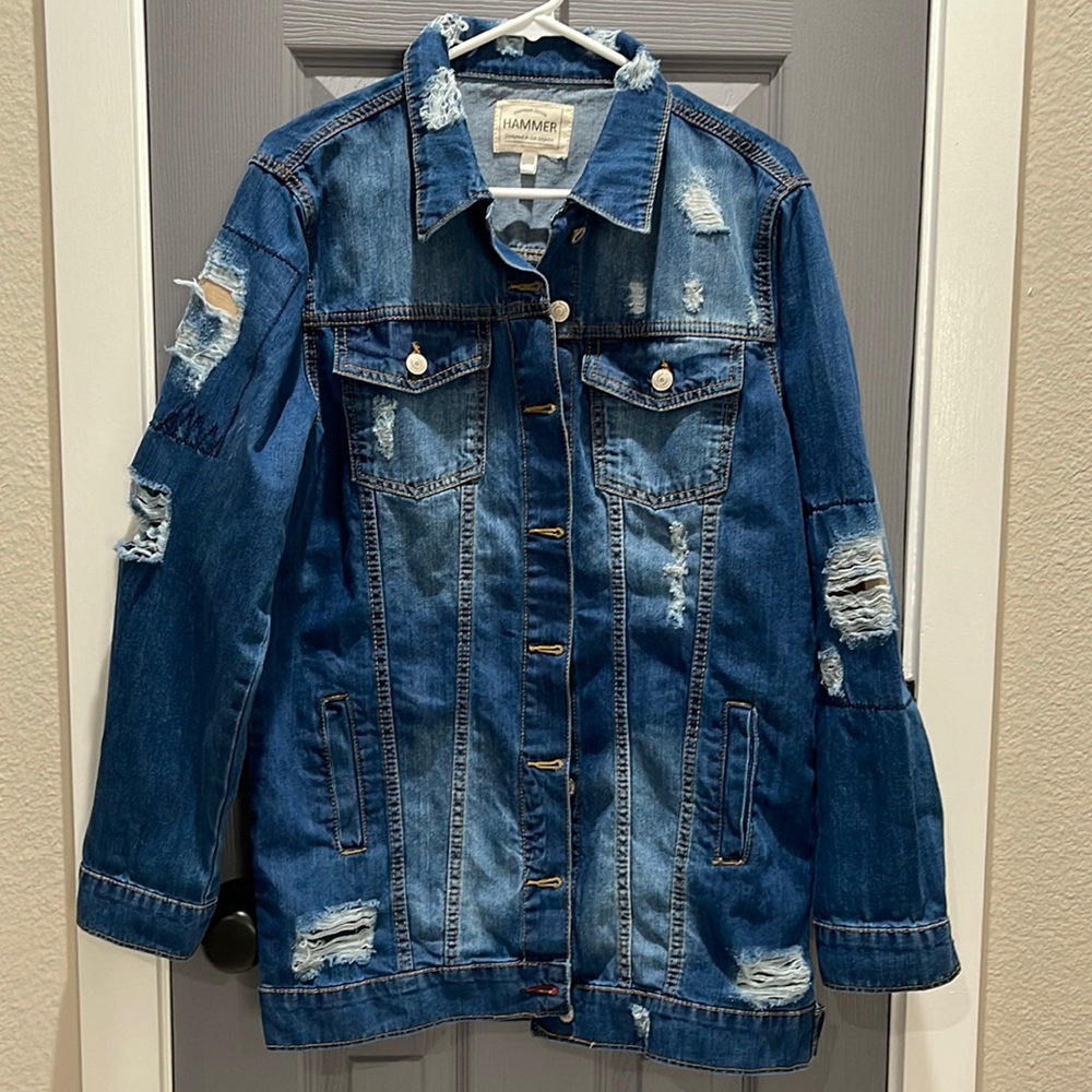 Boutique oversized distressed denim jacket
